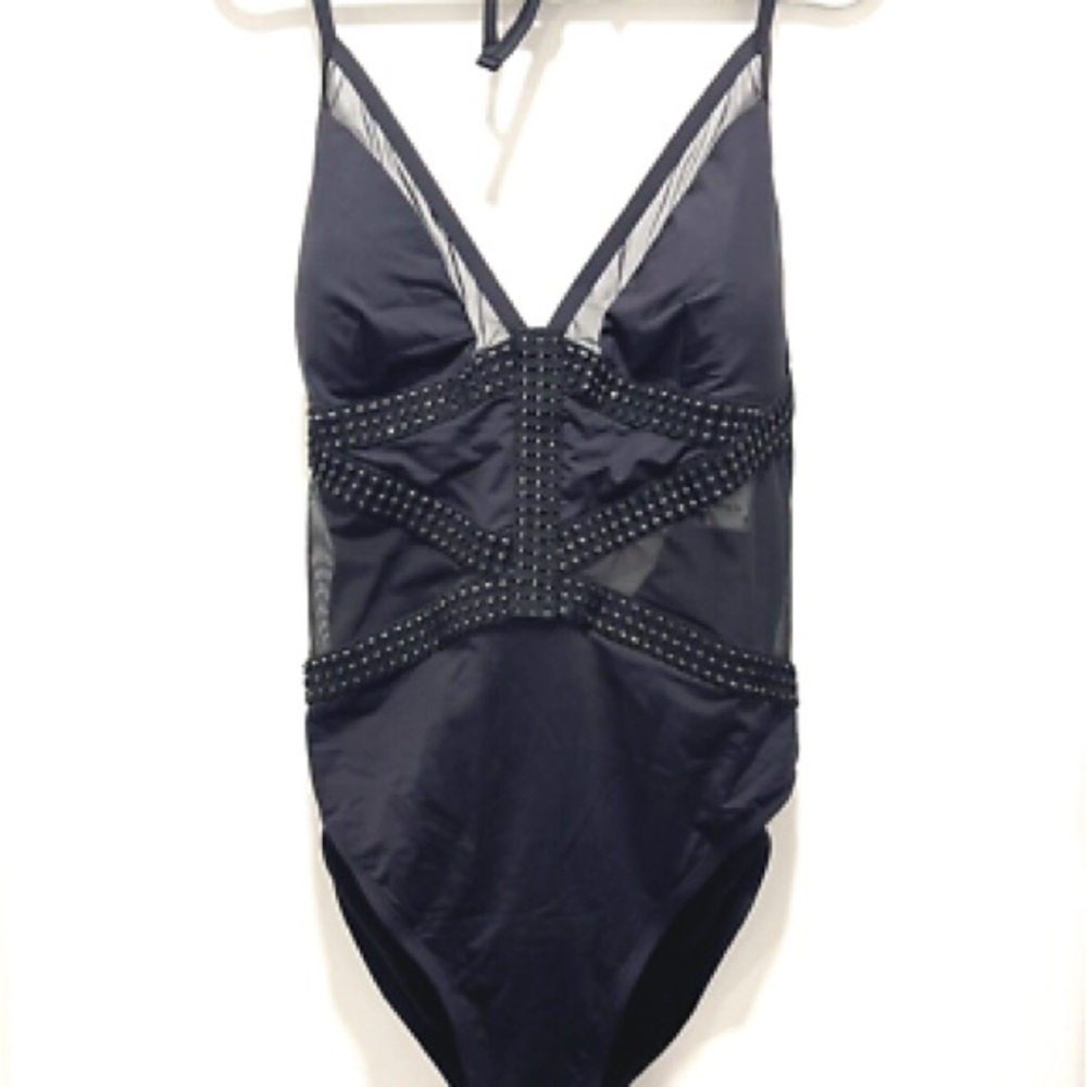 Kenneth Cole Black One-Piece Swimsuit with Studded Mesh Insets